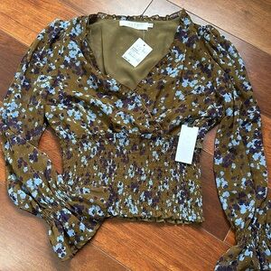 NWT ASTR Brown Blue Floral Cropped Long Sleeve Top XS